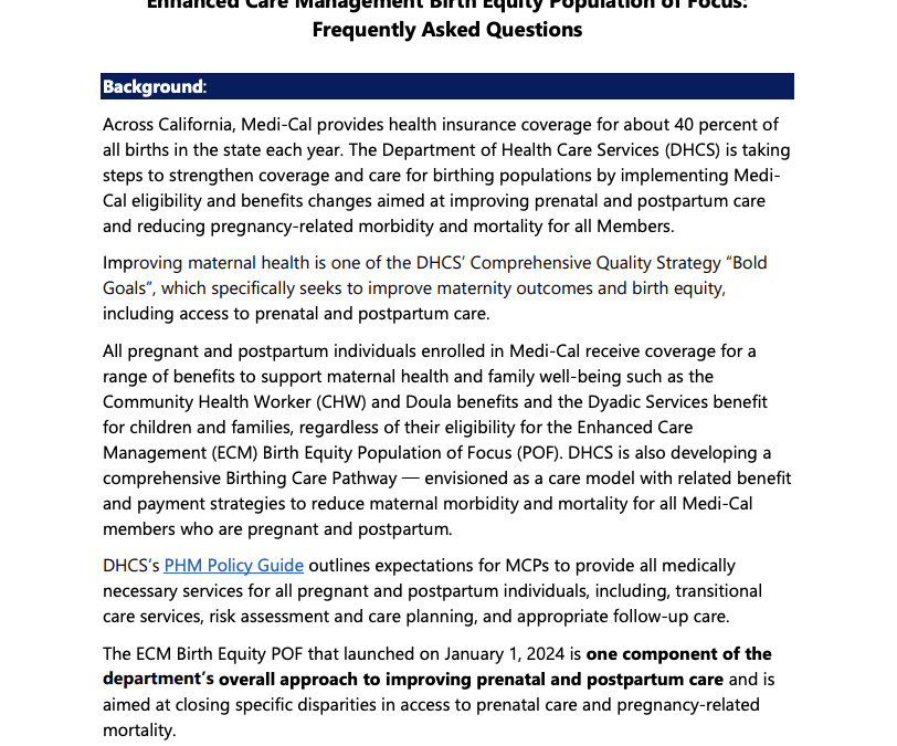 Enhanced Care Management Birth Equity Population of Focus: Frequently Asked Questions